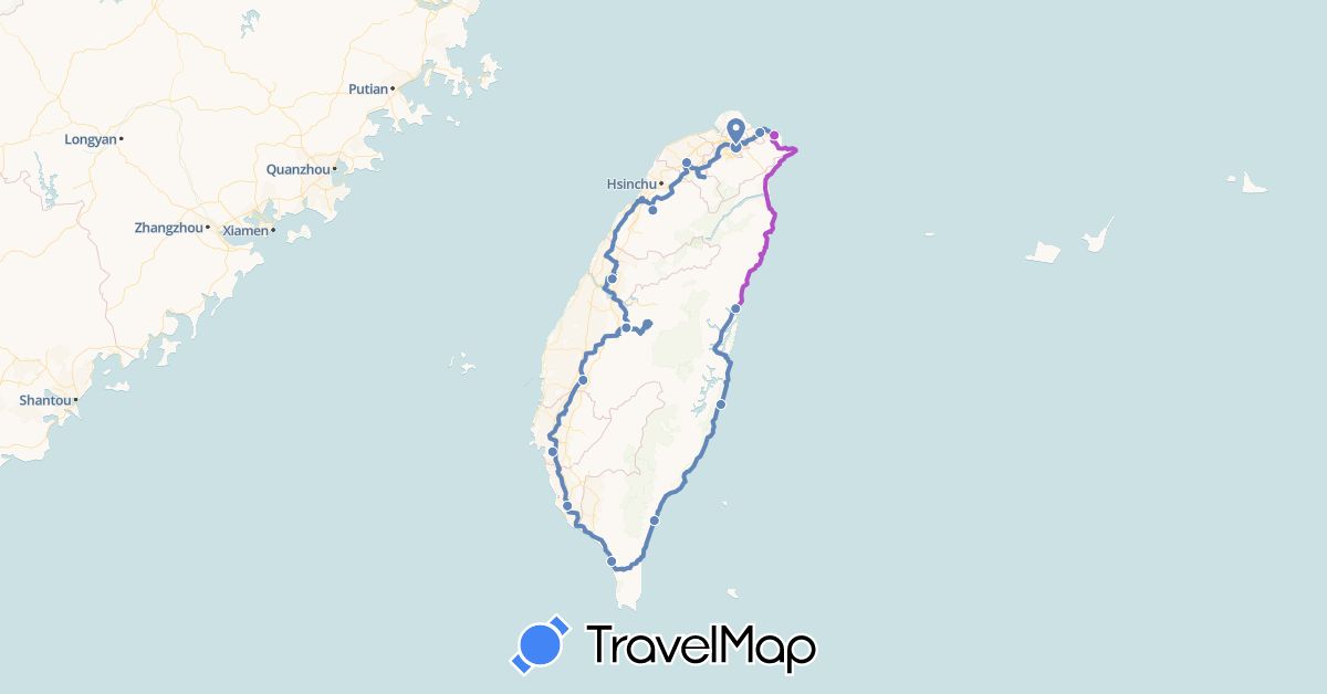 TravelMap itinerary: plane, cycling, train in Taiwan (Asia)